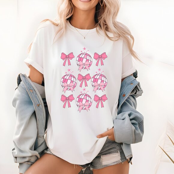 Disco Ball and Bows Pink New Year Shirt - Picture 1 of 1